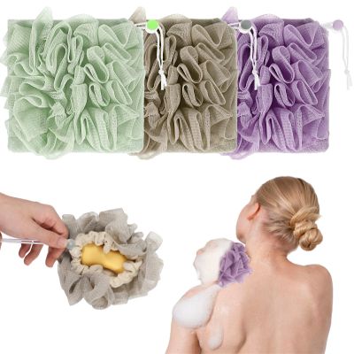 3 PCS Loofah Washcloth Combo 2-in-1, Soap Bar Loofah Exfoliating Shower Pouf with Bar Soap Pocket Body Scrubber Exfoliating Loofa for Women & Men Bath Accessories Cleaning Tool (Green Purple Khaki)