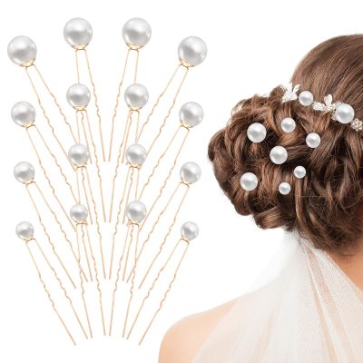 16PCS Wedding Pearl Hair Pins Bridal Pearl Hair Accessories U Shape Barrette Different Size Single Pearls Hairs Pin for Wedding Bridal Hairs Accessories (Gold)