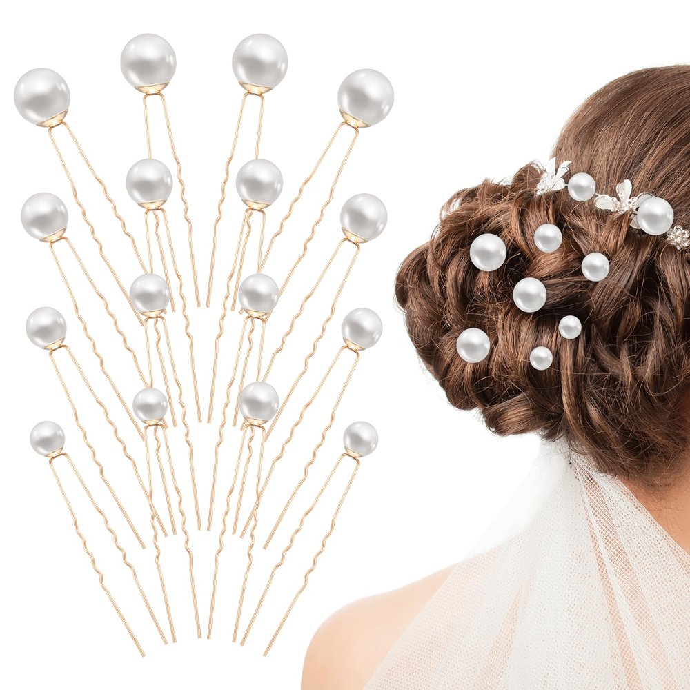 16PCS Wedding Pearl Hair Pins Bridal Pearl Hair Accessories U Shape Barrette Different Size Single Pearls Hairs Pin for Wedding Bridal Hairs Accessories (Gold)