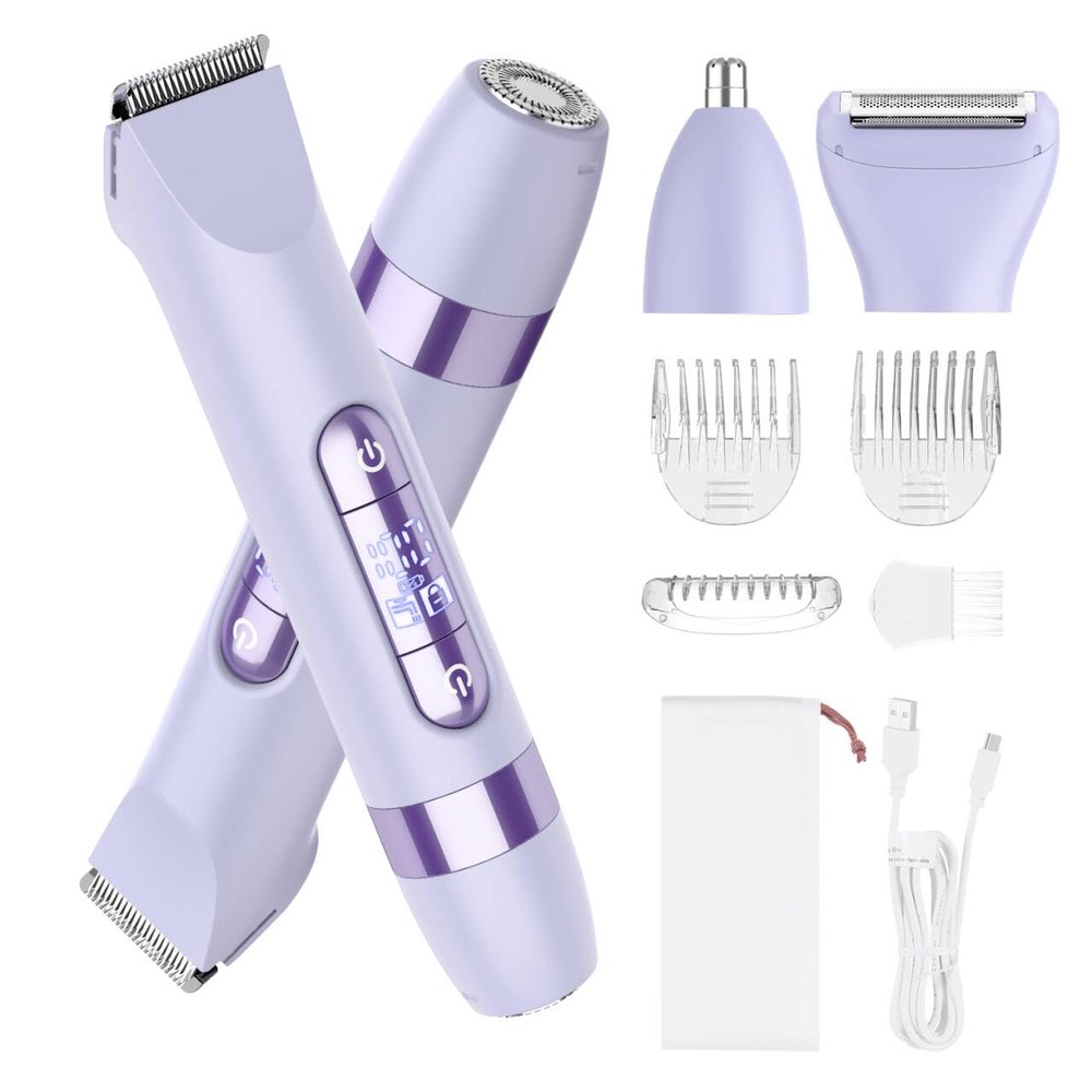 Hatteker 4-in-1 Women's Electric Razor, Dual-Head Body Hair Trimmer for Women, IPX7 Waterproof Rechargeable Bikini Trimmer & Facial Hair Remover for Legs, Armpits, Face, Nose, Eyebrows, Purple