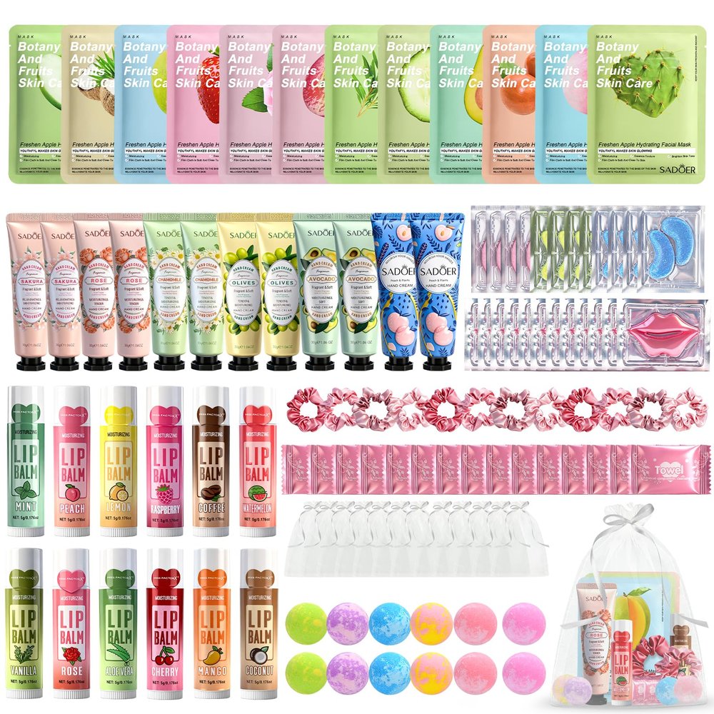 108 PCS Spa Party Supplies for Girls, Spa Kit for Sleepover & Slumber Party, Birthday Gift for Women, Include Facial Masks, Eye Patches, Hand Creams, Lip Balms...Spa Party Favors