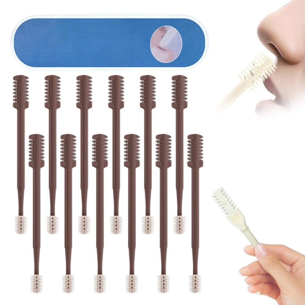 2-in-1 Nasal Hair Cutter, 2025 Upgraded Double Sided Nose Hair Knife, Rotating Nasal Hair Razor Cutter with Ear Picker for Women and Men, 360 Rotating Manual Nose Hair Trimmer (Coffee, 12pcs)
