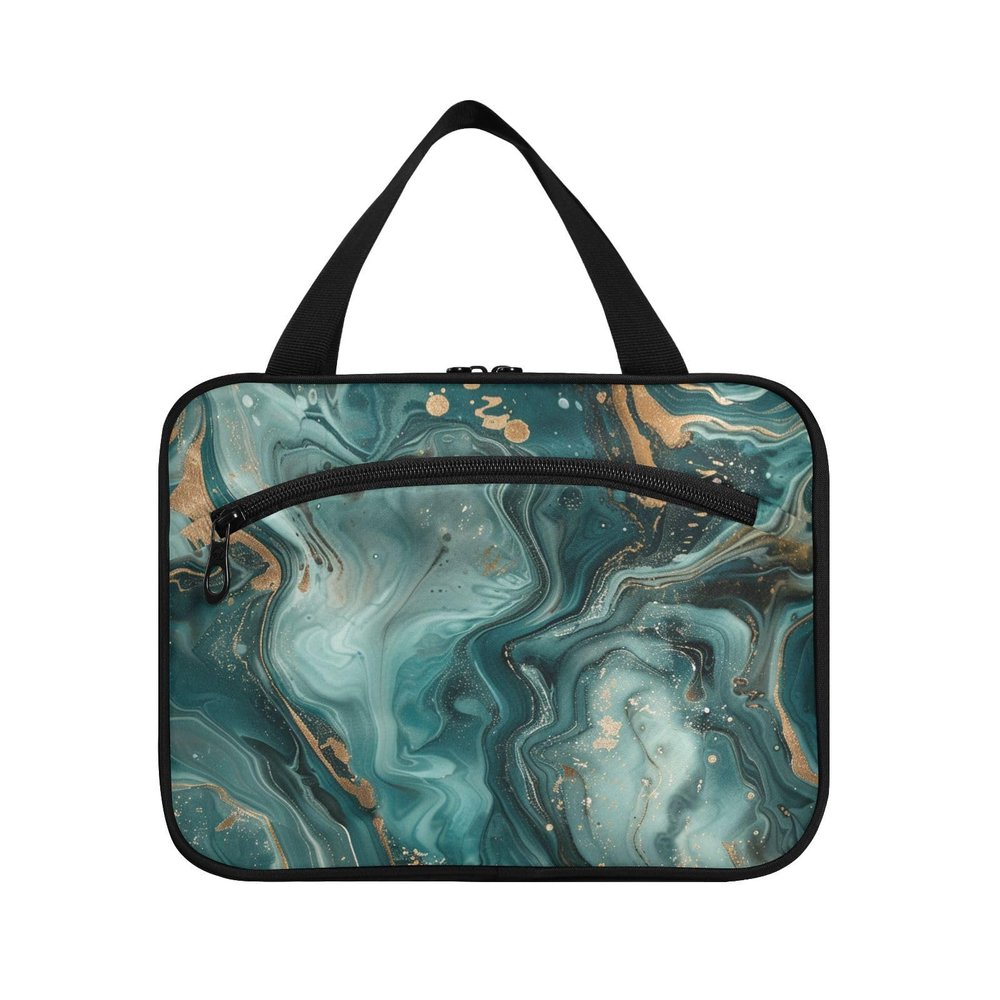 Abstract Green and Gold Marble Pattern Hanging Travel kit with Hook, Designer Compact Skincare Bag for mom Gym bolsas de maquillaje para Mujer L
