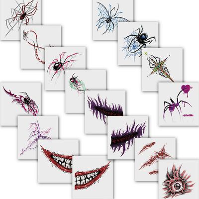 16 Sheets Creepy Smile Halloween Temporary Tattoos - Large 3 * 3.2in Removable Spider and Scary Design Tattoos for Adults and Kids Halloween Makeup & Cosplay Accessories