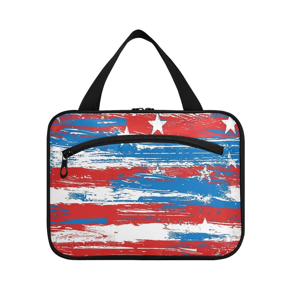 Background with Elements of The American Flag Hanging Travel case for toiletries with Hook, Designer Fashion Cosmetic Bag for Adults Traveling estuche para brochas maquillaje L