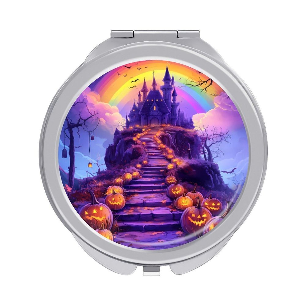Halloween Pumpkins Haunted House Rainbows Makeup Mirror Portable Travel Portable Compact Mirror for Women Men Gifts