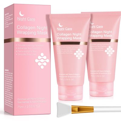 Akeeronn Collagen Overnight Wrapping Peel Off Facial Mask, Collagen Night Wrapping Mask, Hydrating Anti Wrinkle Lifting for All Skin Types, Firming&Elasticity Sleeping Mask (Brush Included)-2 Pack