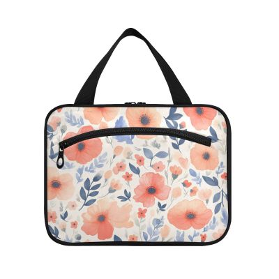 Abstract Watercolor Flower Light Coral Blue Hanging Travel Make up Bags with Hook, Designer Essential Makeup Bag for Accessories for Women Camping bolso para maquillaje L