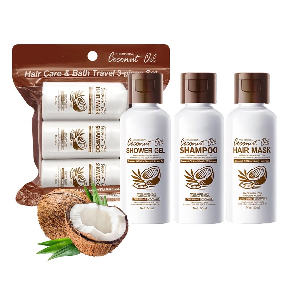 Coconut Shampoo and Conditioner Set,Travel Size Hair & Body Care Trio,Nourishing Shampoo,Hydrating Conditioner & Moisturizing Body Wash for Soft,Shiny Hair & Smooth Skin,Perfect for Vacation,Gym,Hotel
