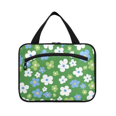 Green White and Blue Flowers Hanging Travel Size toiletries kit with Hook, Designer Multifunctional Waterproof Cosmetic Bag for Women Travel Camping bolso de Mano para Hombre L