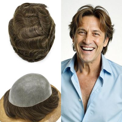 FACE MIRACLE Thin Skin Mens Toupee Full Poly Skin Human Hair Replacement System V-Looped PU Invisible Natural Hairline Real Human Hair Hairpiece for Men 8''X10'' 80% #420#4 Medium Brown+20% Gray