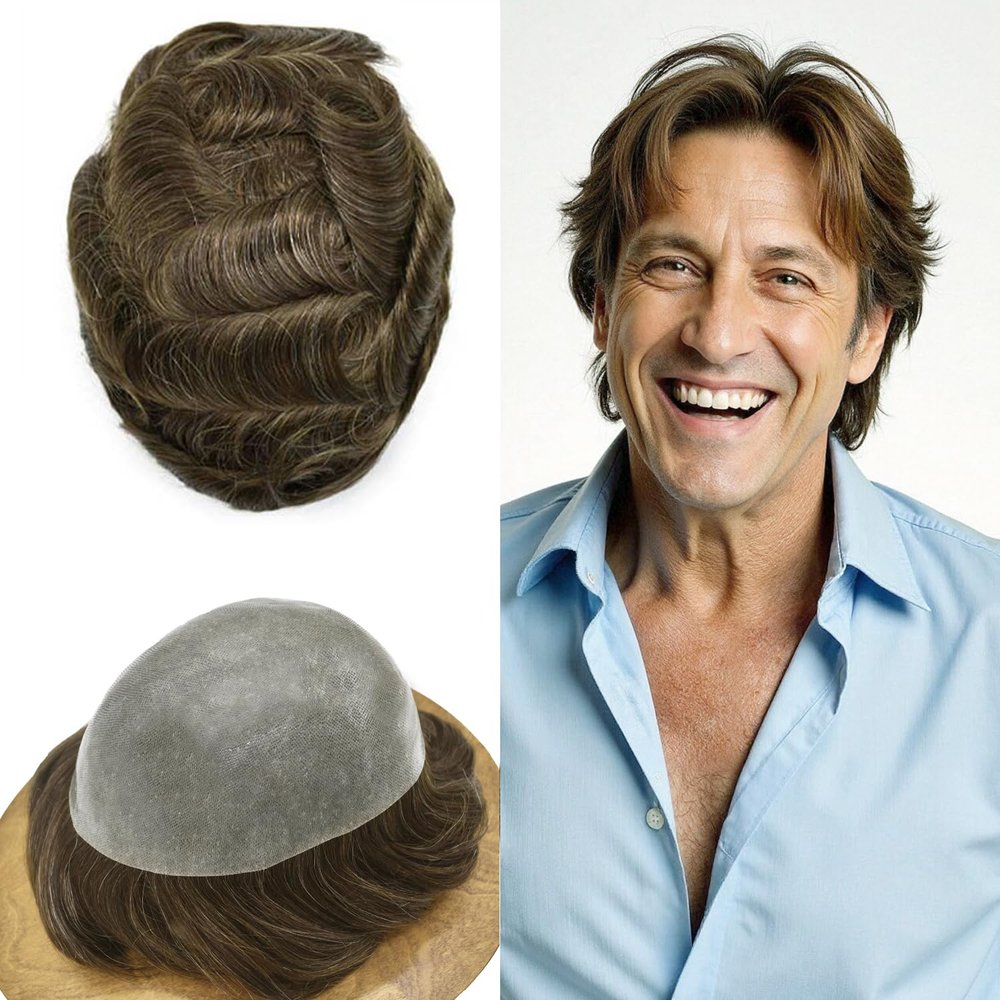 FACE MIRACLE Thin Skin Mens Toupee Full Poly Skin Human Hair Replacement System V-Looped PU Invisible Natural Hairline Real Human Hair Hairpiece for Men 8''X10'' 80% #420#4 Medium Brown+20% Gray