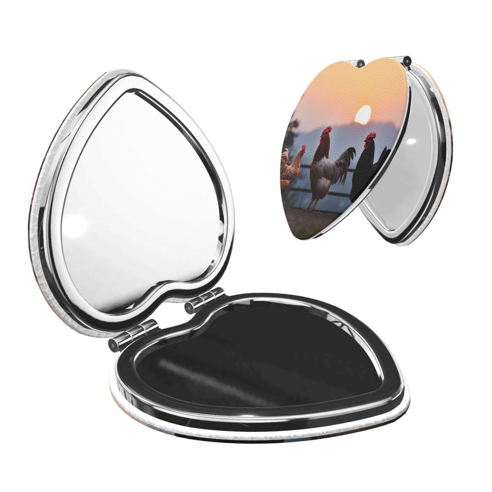 Small Pocket Compact Mirror 1x/2x Magnifying Pu Leather Makeup Mirrors Animal Chickens Portable Pocket Mirror for Women Girls