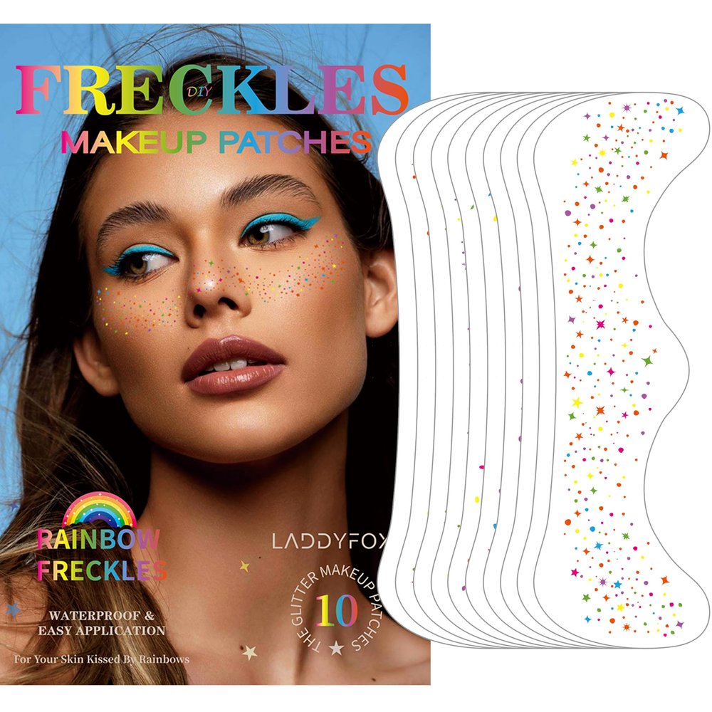 10 Pcs Colorful Glitter Freckles Face Tattoos, Multichrome Rainbow Glitter Freckles Face Tattoos, Waterproof and Long-lasting Face Temporary Tattoos for Women