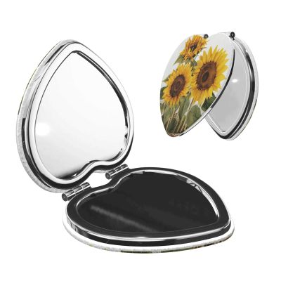 Small Pocket Compact Mirror 1x/2x Magnifying Pu Leather Makeup Mirrors Alluring Sunflowers Summer Portable Pocket Mirror for Women Girls