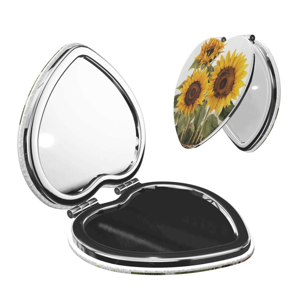Small Pocket Compact Mirror 1x/2x Magnifying Pu Leather Makeup Mirrors Alluring Sunflowers Summer Portable Pocket Mirror for Women Girls