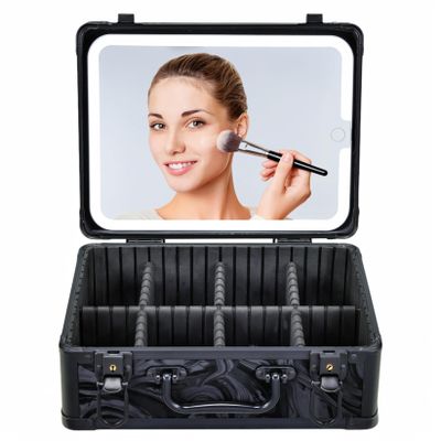 Faquenc Makeup Bag with LED Mirror - Black Fluid-Color Makeup Box with Detachable Lighted Mirror, Travel Cosmetic Train Case Organizer with Adjustable Dividers and Tool Panel for Brushes