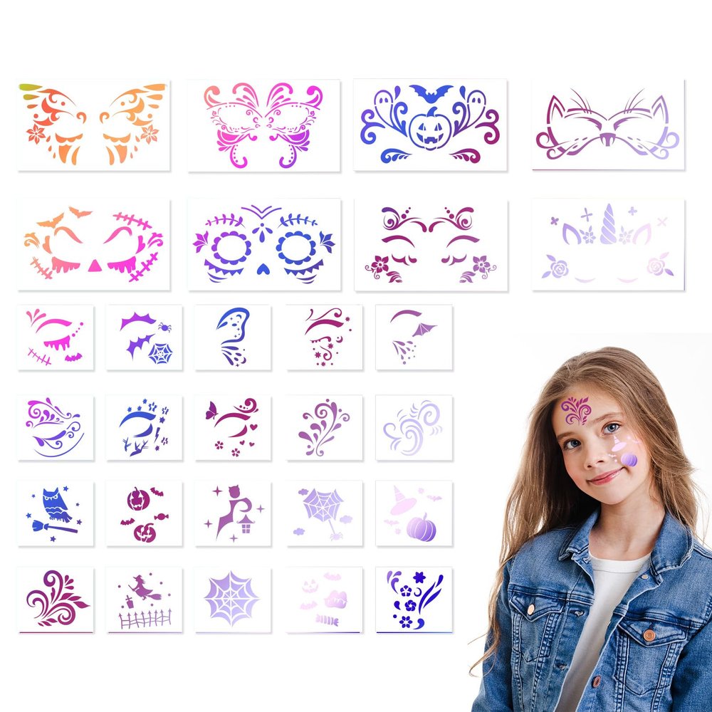 28pcs Body Paint Stencils, Durable Reusable Face and Body Painting Templates for Kids & Adults Practical Accessories for Holiday Halloween Party Makeup