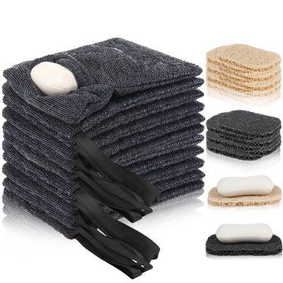 Afarnook 24 Pack Soap Saver & Bag Set Include 12 Soap Pocket Squares Exfoliating Pouch and 12 Bar Lifting Pads Body Scrubber Rough Sponge Self Draining Holder for Bath or Shower (Gray and Beige)