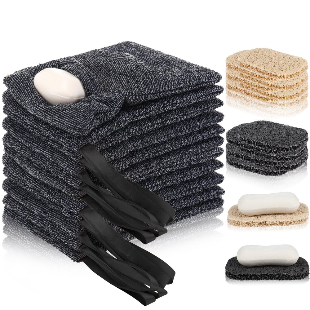 Afarnook 24 Pack Soap Saver & Bag Set Include 12 Soap Pocket Squares Exfoliating Pouch and 12 Bar Lifting Pads Body Scrubber Rough Sponge Self Draining Holder for Bath or Shower (Gray and Beige)