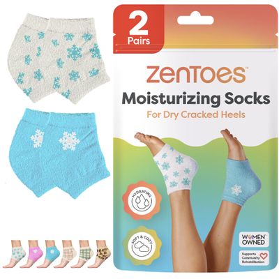 ZenToes Moisturizing Socks for Cracked Heel Treatment, Vitamin E, Olive Oil and Jojoba Oil Heel Socks, Stocking Stuffers for Women, Spa Self Care Gifts for Women (White & Blue Snowflake, Regular)