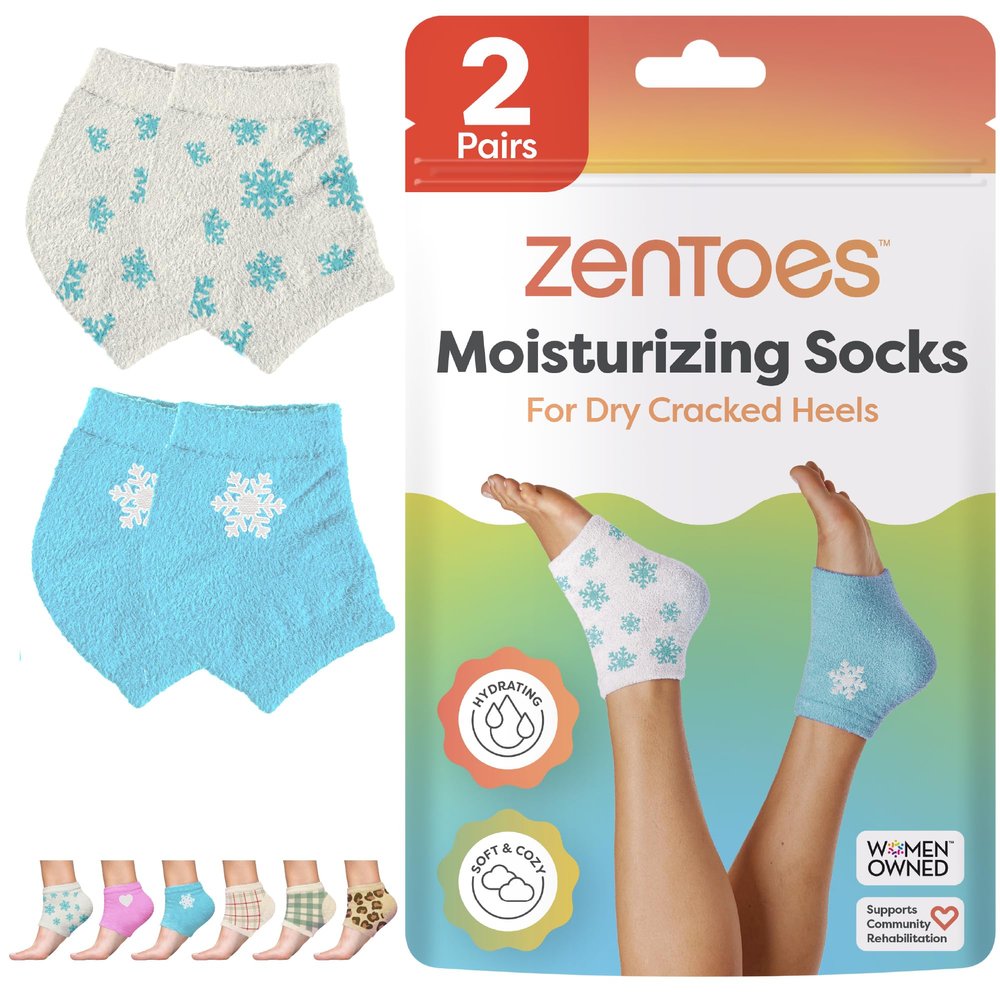 ZenToes Moisturizing Socks for Cracked Heel Treatment, Vitamin E, Olive Oil and Jojoba Oil Heel Socks, Stocking Stuffers for Women, Spa Self Care Gifts for Women (White & Blue Snowflake, Regular)