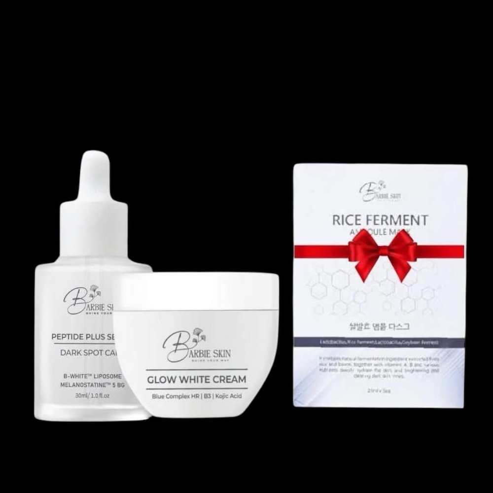 Combo skincare BarbieSkin. Facial Care Set, Glow White Cream with Peptide Serum and Rice Ferment Mask, Brightening and Anti-Aging