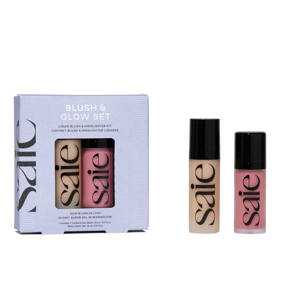 Saie Blush & Glow Holiday Gift Set - Dew Blush for Cheeks & Glowy Super Gel Liquid Highlighter - Skincare Infused Everyday Makeup - Beauty Stocking Stuffers for Dewy, Glowing Skin - Vegan (2 Count)