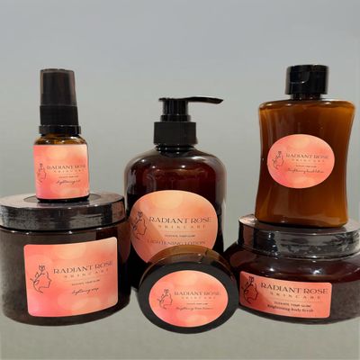 Radiant Rose Skincare Set, 6-Piece Collection with lightening Oil, lightening body Lotion, Brightening Hand Lotion, lightening body Soap, brightening Face Cream, brightening Body Scrub