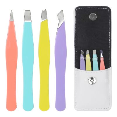 4 Pcs Eyebrows Tweezers Set Tweezers for Women Facial Hair Stainless Steel Mini Travel Eyebrows Tweezer with Leather Travel Case for Facial Hair and Splinter