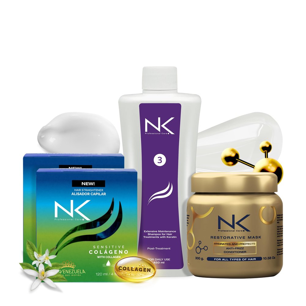 NK 4-Step Keratin Hair Treatment Set Formaldehyde-Free Vegan Straightening System with Collagen, Keratin, Silk Protein & Niacinamide Includes Shampoo & Repair Mask All Hair Types (8oz)