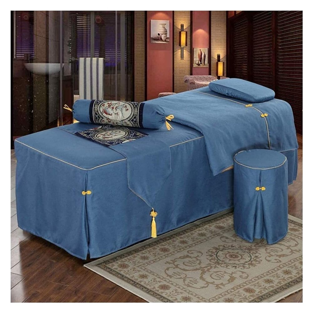 RJYYYDS 4-Piece Art Massage Table Sheet Skirt Set - Simple Breathable Beauty Bed Cover Cotton and Linen Salon Bedspread with Face Rest Hole-Blue 70x190cm