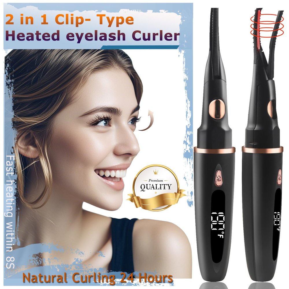 Heated Eyelash Curlers - 2 in 1 Clip- Type Heated lash Curler Best Seller Electric Eyelash Curler LED Display 3 Temp Settings for Makeup Tools USB Rechargeable Natural Curling 24H Long Lasting 6A