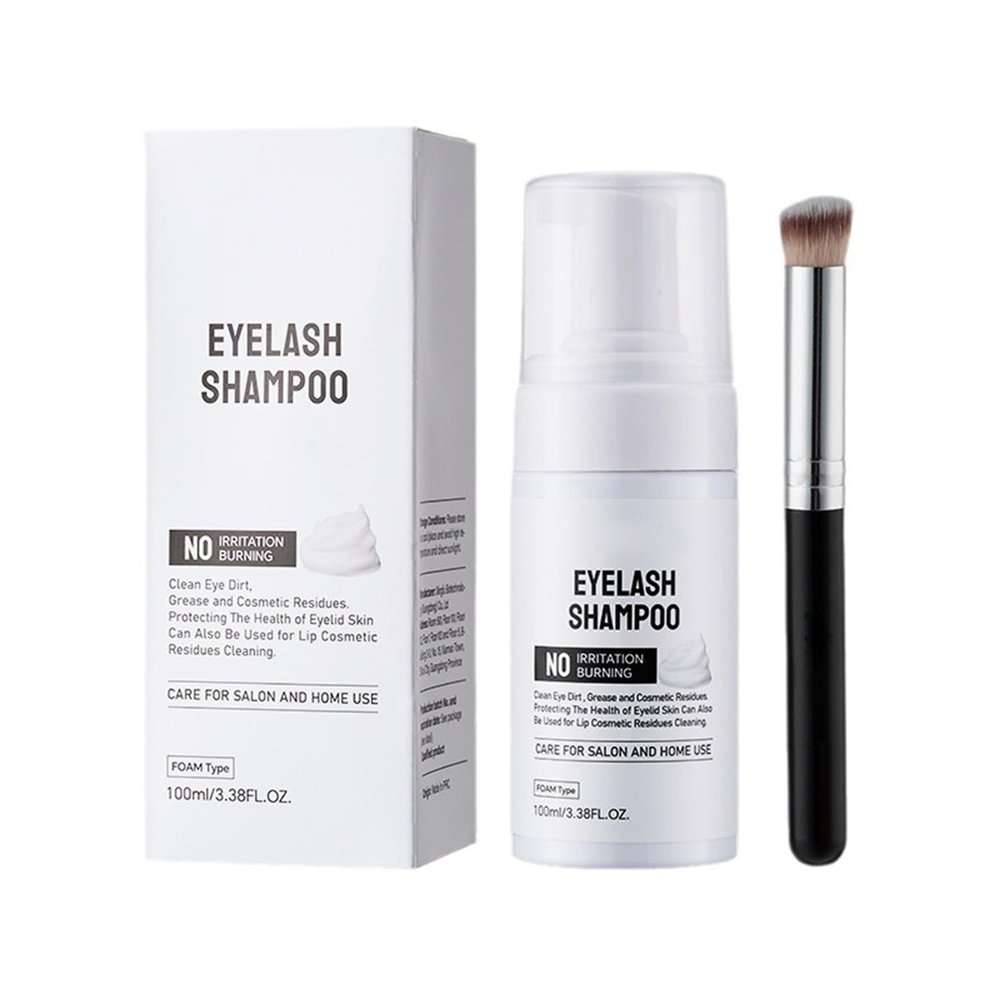 Eyelash Extension Cleansing Foam - 3.4 fl.oz Lash Shampoo with Applicator Brush, Safe Makeup Remover for Extension & Natural Lashes, Oil-Free Foaming Formula