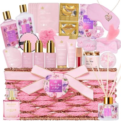 35 Pcs Christmas Gift for Women, Rose Bath and Body Gift Basket, Facial Skin Care Set, Self Care Pampering Kit, Face Sheet Mask, Home Spa Pack, Perfume, Birthday, Valentines, Mother Day, Bridal Shower
