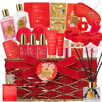 35 Pcs Christmas Gift for Women, Red Rose Bath and Body Basket Gift, Face Skin Care Kit, Home Spa Self Care, Lip Gloss, Diffuser, Necklace, Birthday, Valentines, Mother Day, Bridal Shower, Anniversary