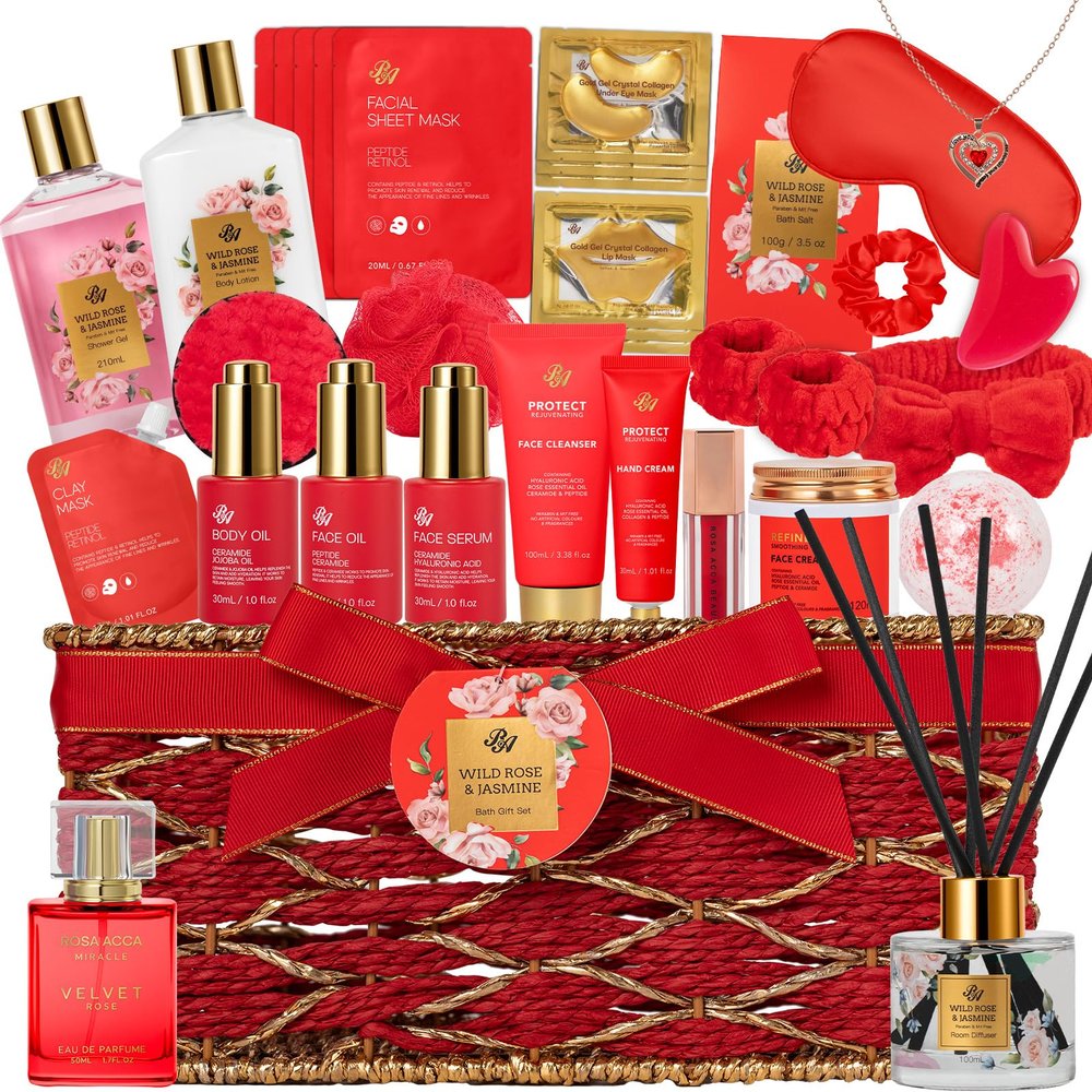 35 Pcs Christmas Gift for Women, Red Rose Bath and Body Basket Gift, Face Skin Care Kit, Home Spa Self Care, Lip Gloss, Diffuser, Necklace, Birthday, Valentines, Mother Day, Bridal Shower, Anniversary