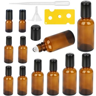 12Pcs Roller Bottles with Stainless Steel Roller Balls for Essential Oils Perfume,Refillable Empty Amber Glass Vials Cosmetic Containers Roll-on Bottles with Funnel Opener&Dropper(50/30/20/15/10/5ml)