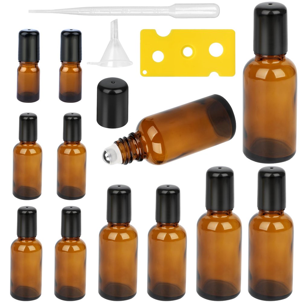 12Pcs Roller Bottles with Stainless Steel Roller Balls for Essential Oils Perfume,Refillable Empty Amber Glass Vials Cosmetic Containers Roll-on Bottles with Funnel Opener&Dropper(50/30/20/15/10/5ml)