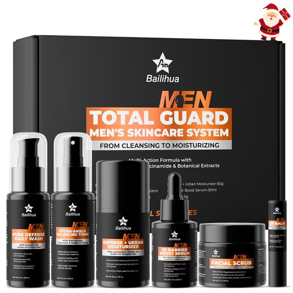 Gift for Men Skincare Skin Care Set for Men Him Complete Routine Kit with Niacinamide & Ceramides - Face Cleanser, Scrub, Toner, Serum, Moisturizer Cream, Lip Balm - Christmas, Fathers Day Gifts
