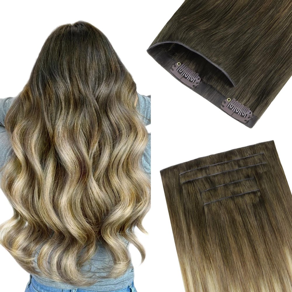 GOO GOO Invisi Edge Clip in Hair Extensions 7Pcs Injected Seamless PU Clip in Hair Extensions 12inch 85g, Virgin Real Human Hair, #3/8/613 Balayage Walnut Brown to Ash Brown and Bleach Blonde