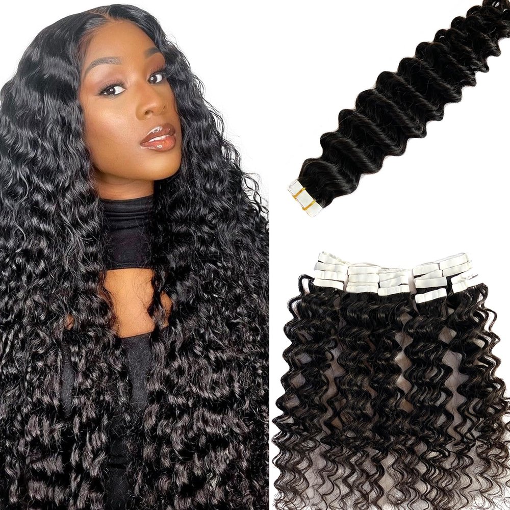Tape in Hair Extensions Human Hair,22 Inch Deep Wave Black Hair Extensions Real Remy Human Hair Curly Tape ins for Black Women,20pcs Double Sided Invisible Tape Hair Extension 50g/pack