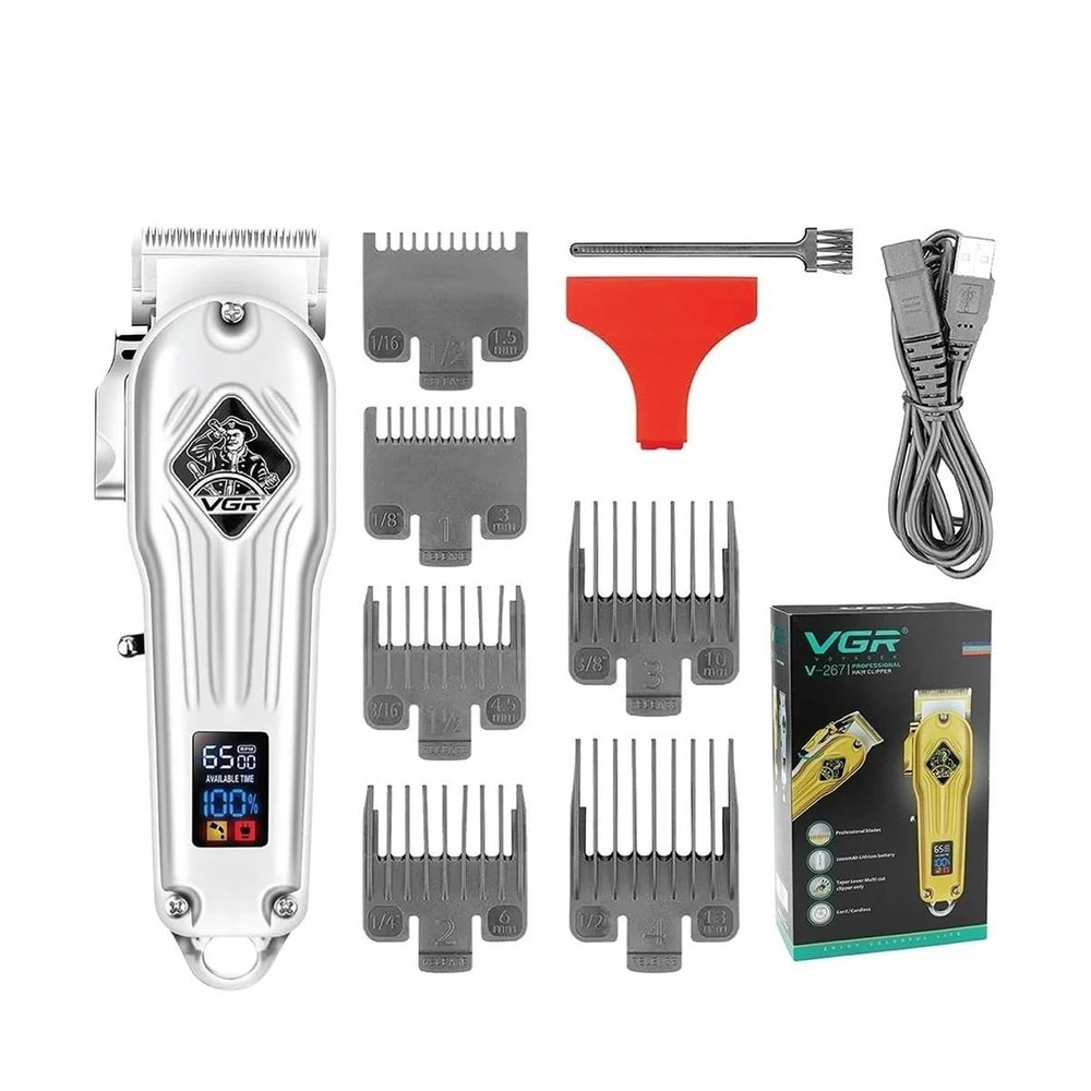 V-G-R Hair Trimmer Professional Hair Clipper Cordless Barber Hair Cutting Machine Digital Display Haircut Trimmer for Men V-267(Silver with Box)