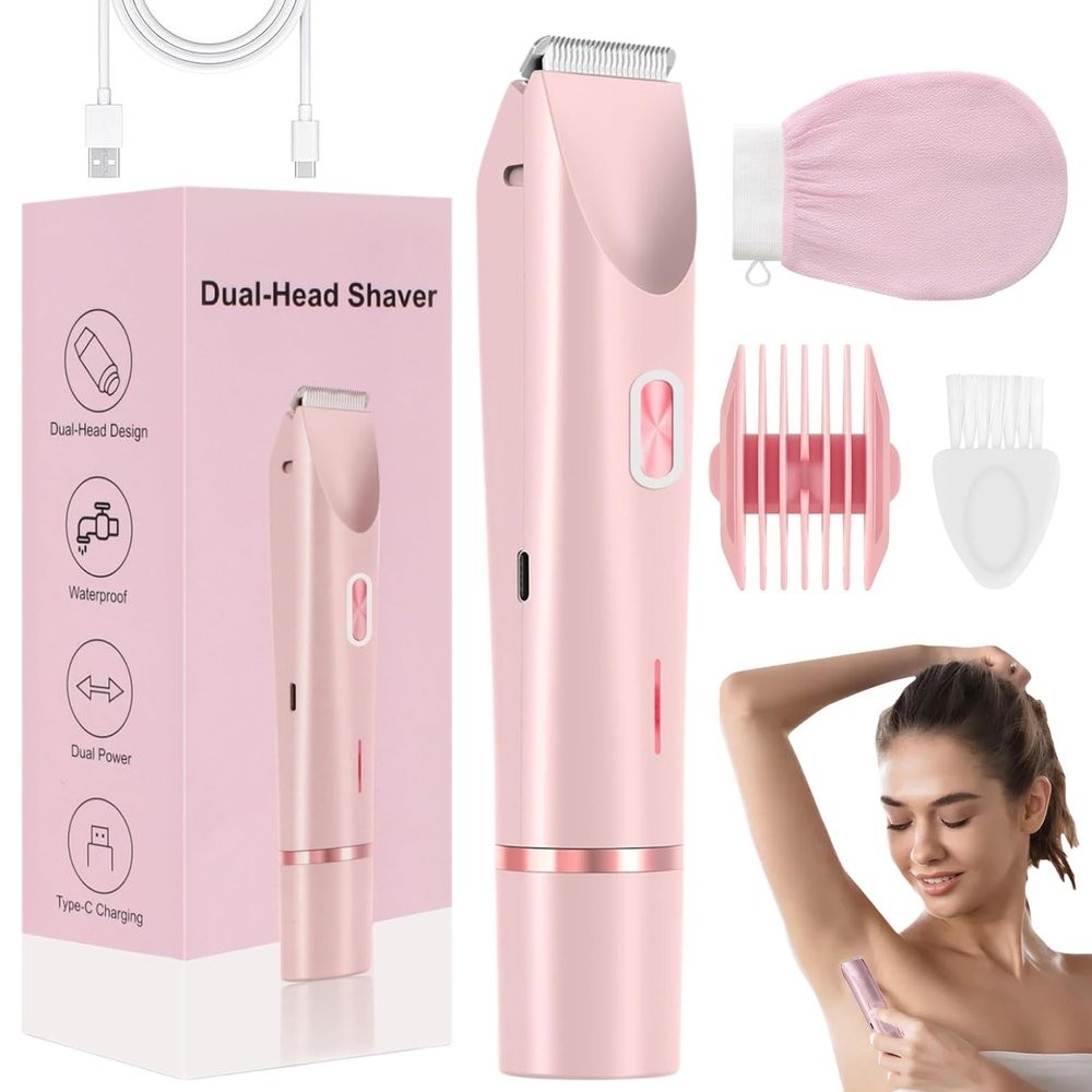 YXKJZHF Lunia Shaver + Free Exfoliating Glove, Dual Head Bikini Trimmer for Women, IPX7 Waterproof Wet & Dry, Body Hair Trimmer (Pink)