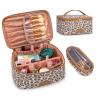 Montana West X Wrangler Travel Makeup Bag 2pcs Set Large Cosmetic Bag with Makeup Brush Holder Portable Make Up Organizer Cute Toiletry Bag with Divider and Handle for Women Leopard view 1