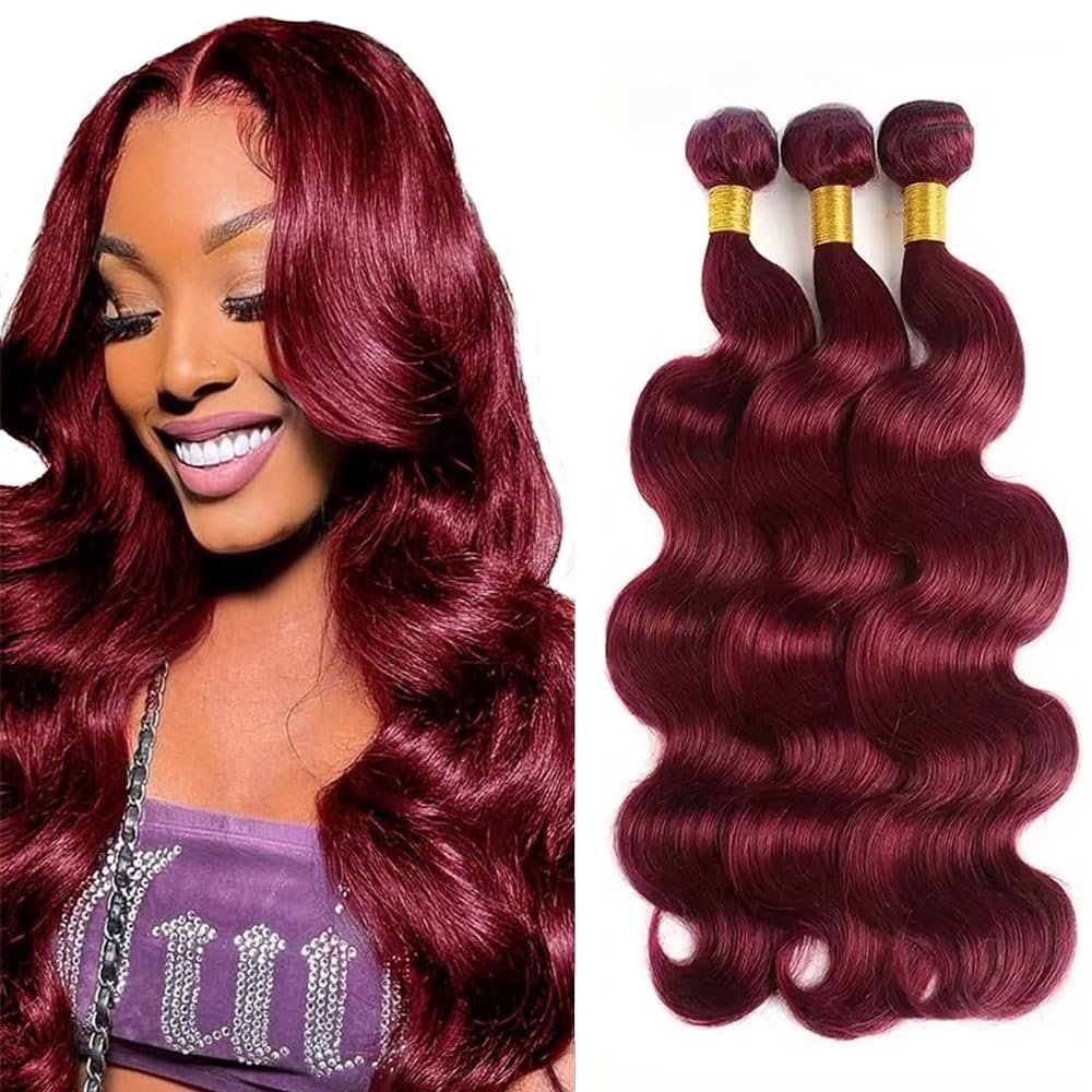 GLSMOSNW Wine Red 99j Human Hair Bundles Burgundy Body Wave Bundles 14 16 18 Inch Unprocessed Brazilian Virgin Human Hair Extensions