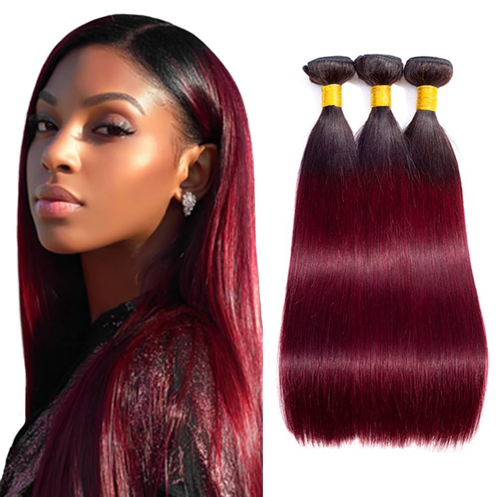 GLSMOSNW Ombre Burgundy Human Hair Bundles 1B/99j Straight Bundles 14 16 18 Inch Unprocessed Brazilian Human Hair Extensions Black To Burgundy Ombre Bundle