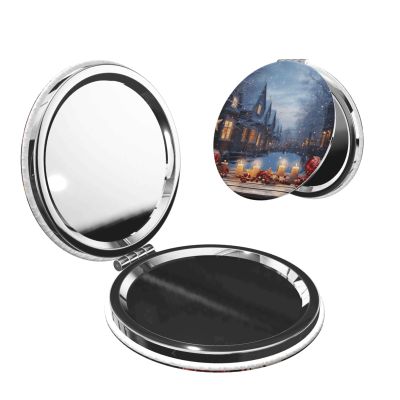 Small Pocket Compact Mirror 1x/2x Magnifying Pu Leather Makeup Mirrors Christmas Atmosphere Portable Pocket Mirror for Women Girls