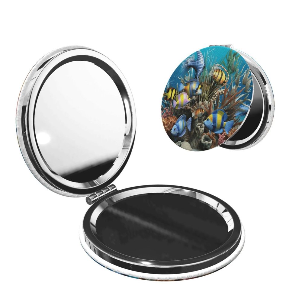 Small Pocket Compact Mirror 1x/2x Magnifying Pu Leather Makeup Mirrors 3D Ocean Fish Portable Pocket Mirror for Women Girls