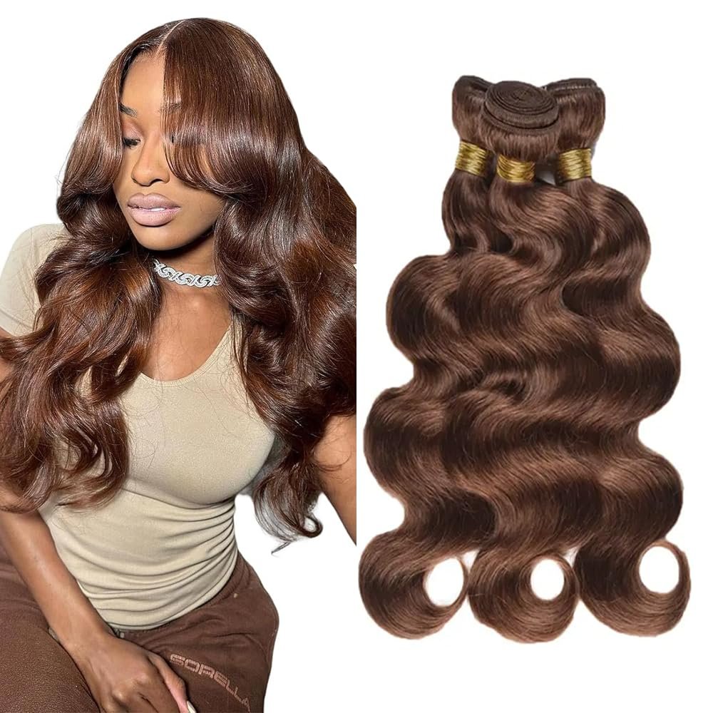 MLMYBAYEA Color 4 Body Wave Bundles Human Hair Chocolate Brown #4 Color Dark Brown Bundles Double Weft Brazilian Human Hair Sew-In Weave Extensions 16 18 20 Inch